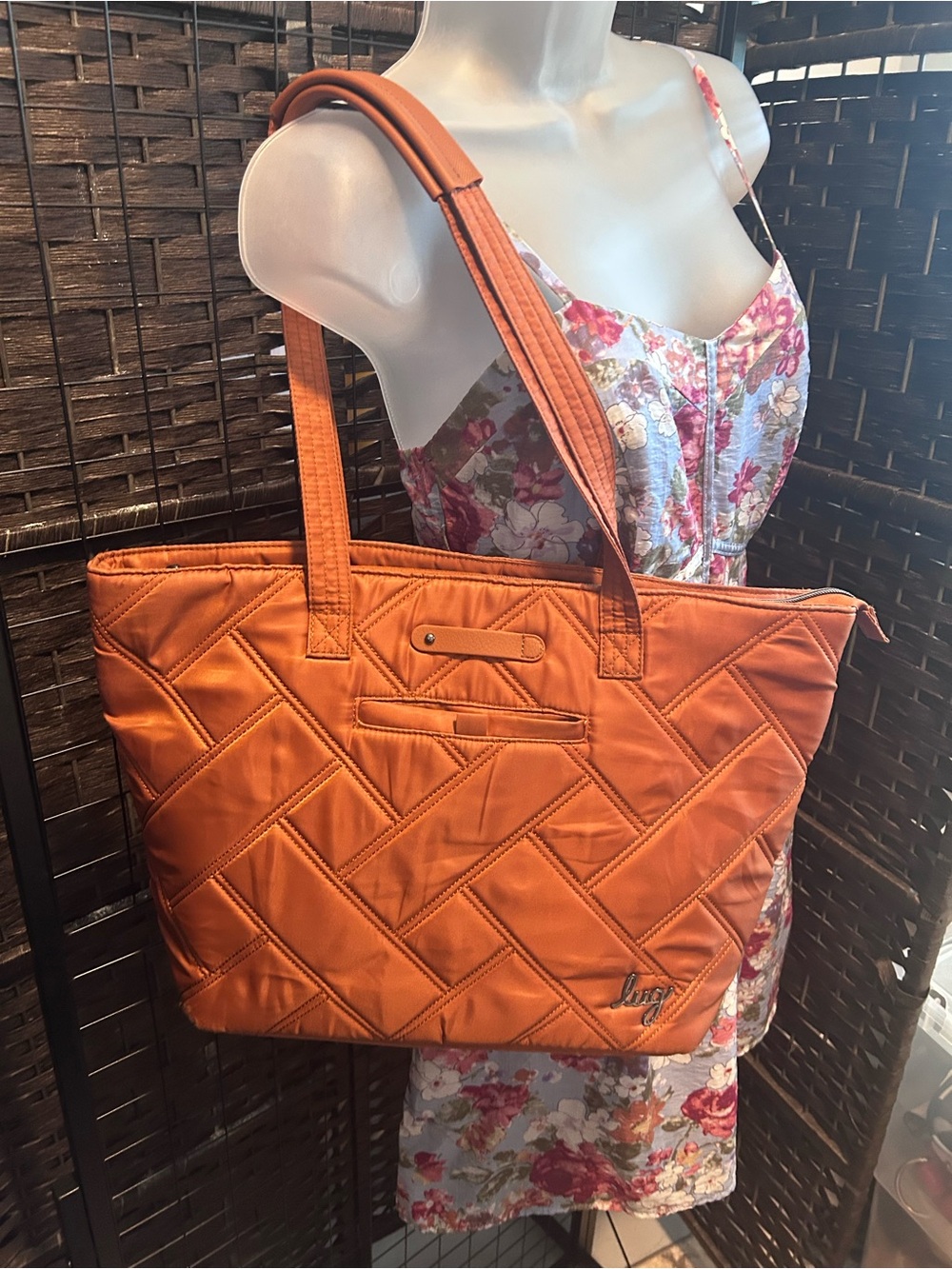 LUG skyliner quilted tote in copper brown.
